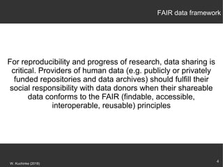 4
W. Kuchinke (2018)
For reproducibility and progress of research, data sharing is
critical. Providers of human data (e.g. publicly or privately
funded repositories and data archives) should fulfill their
social responsibility with data donors when their shareable
data conforms to the FAIR (findable, accessible,
interoperable, reusable) principles
FAIR data framework
 
