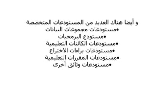 ‫المتخصصة‬ ‫المستودعات‬ ‫من‬ ‫العديد‬ ‫هناك‬ ‫أيضا‬ ‫و‬
‫البيانات‬ ‫مجموعات‬ ‫مستودعات‬
‫البرمجيات‬ ‫مستودع‬
‫التعليمية‬ ‫الكائنات‬ ‫مستودعات‬
‫االختراع‬ ‫براءات‬ ‫مستودعات‬
‫التعليمية‬ ‫المقررات‬ ‫مستودعات‬
‫أخرى‬ ‫وثائق‬ ‫مستودعات‬
 