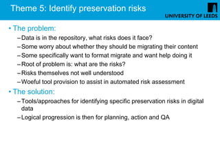 Theme 5: Identify preservation risks

• The problem:
  – Data is in the repository, what risks does it face?
  – Some worry about whether they should be migrating their content
  – Some specifically want to format migrate and want help doing it
  – Root of problem is: what are the risks?
  – Risks themselves not well understood
  – Woeful tool provision to assist in automated risk assessment
• The solution:
  – Tools/approaches for identifying specific preservation risks in digital
    data
  – Logical progression is then for planning, action and QA
 