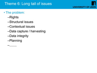 Theme 6: Long tail of issues

• The problem:
   –Rights
   –Structural issues
   –Contextual issues
   –Data capture / harvesting
   –Data integrity
   –Planning
   –........
 