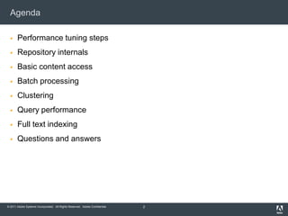 AgendaPerformance tuning stepsRepository internalsBasic content accessBatch processingClusteringQuery performanceFull text indexingQuestions and answers2