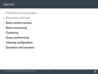 AgendaPerformance tuning stepsRepository internalsBasic content accessBatch processingClusteringQuery performanceIndexing configurationQuestions and answers9