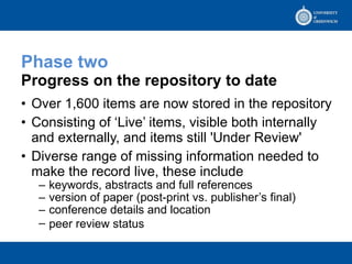 Phase two  Progress on the repository to date Over 1,600 items are now stored in the repository Consisting of ‘Live’ items, visible both internally and externally, and items still 'Under Review'  Diverse range of missing information needed to make the record live, these include keywords, abstracts and full references version of paper (post-print vs. publisher’s final) conference details and location  peer review status   
