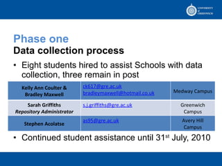 Phase one Data collection process Eight students hired to assist Schools with data collection, three remain in post  Continued student assistance until 31 st  July, 2010  Kelly Ann Coulter & Bradley Maxwell [email_address] [email_address] Medway Campus Sarah Griffiths Repository Administrator [email_address] Greenwich Campus Stephen Acolatse [email_address] Avery Hill Campus 