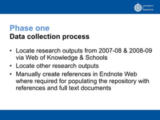 Phase one Data collection process Locate research outputs from 2007-08 & 2008-09 via Web of Knowledge & Schools  Locate other research outputs  Manually create references in Endnote Web where required for populating the repository with references and full text documents 