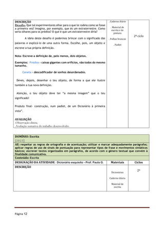 Página 12
DESCRIÇÃO
Desafio- Que tal experimentares olhar para o que te rodeia como se fosse
a primeira vez? Imagina, por exemplo, que és um extraterrestre. Como
seria olhares para os prédios? O que é que um extraterrestre diria?
A ideia deste desafio é podermos brincar com o significado das
palavras e explicá-lo de uma outra forma. Escolhe, pois, um objeto e
escreve a tua própria definição.
Nota- Escreve a definição de, pelo menos, dois objetos.
Exemplos: Prédios – caixas gigantes com orifícios, não todos do mesmo
tamanho.
Caneta – descodificador de sonhos desordenados.
Deves, depois, desenhar o teu objeto, de forma a que ele ilustre
também a tua nova definição.
Atenção, o teu objeto deve ter “a mesma imagem” que o teu
significado!
Produto final- construção, num padlet, de um Dicionário à primeira
vista”.
AVALIAÇÃO
.Observação direta;
.Avaliação sumativa do trabalho desenvolvido.
. Caderno diário
. Material de
escrita e de
pintura
. Folhas brancas
. Padlet
2º ciclo
DOMÍNIO: Escrita
[2023]
AE: respeitar as regras de ortografia e de acentuação; utilizar e marcar adequadamente parágrafos;
aplicar regras de uso de sinais de pontuação para representar tipos de frase e movimentos sintáticos
básicos; escrever textos organizados em parágrafos, de acordo com o género textual que convém à
finalidade comunicativa.
Conteúdo: Escrita
DESIGNAÇÃO DA ATIVIDADE: Dicionário esquisito - Prof. Paula G. Materiais Ciclos
DESCRIÇÃO
Dicionários
Caderno diário
Material de
escrita
2º
 