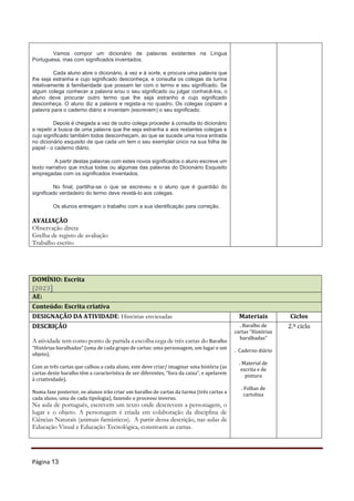 Página 13
Vamos compor um dicionário de palavras existentes na Língua
Portuguesa, mas com significados inventados.
Cada aluno abre o dicionário, à vez e à sorte, e procura uma palavra que
lhe seja estranha e cujo significado desconheça, e consulta os colegas da turma
relativamente à familiaridade que possam ter com o termo e seu significado. Se
algum colega conhecer a palavra e/ou o seu significado ou julgar conhecê-los, o
aluno deve procurar outro termo que lhe seja estranho e cujo significado
desconheça. O aluno diz a palavra e regista-a no quadro. Os colegas copiam a
palavra para o caderno diário e inventam (escrevem) o seu significado.
Depois é chegada a vez de outro colega proceder à consulta do dicionário
e repetir a busca de uma palavra que lhe seja estranha e aos restantes colegas e
cujo significado também todos desconheçam, ao que se sucede uma nova entrada
no dicionário esquisito de que cada um tem o seu exemplar único na sua folha de
papel - o caderno diário.
A partir destas palavras com estes novos significados o aluno escreve um
texto narrativo que inclua todas ou algumas das palavras do Dicionário Esquisito
empregadas com os significados inventados.
No final, partilha-se o que se escreveu e o aluno que é guardião do
significado verdadeiro do termo deve revelá-lo aos colegas.
Os alunos entregam o trabalho com a sua identificação para correção.
AVALIAÇÃO
Observação direta
Grelha de registo de avaliação
Trabalho escrito
DOMÍNIO: Escrita
[2023]
AE:
Conteúdo: Escrita criativa
DESIGNAÇÃO DA ATIVIDADE: Histórias enviesadas Materiais Ciclos
DESCRIÇÃO
A atividade tem como ponto de partida a escolha cega de três cartas do Baralho
“Histórias baralhadas” (uma de cada grupo de cartas: uma personagem, um lugar e um
objeto).
Com as três cartas que calhou a cada aluno, este deve criar/ imaginar uma história (as
cartas deste baralho têm a característica de ser diferentes, “fora da caixa”, e apelarem
à criatividade).
Numa fase posterior, os alunos irão criar um baralho de cartas da turma (três cartas a
cada aluno, uma de cada tipologia), fazendo o processo inverso.
Na aula de português, escrevem um texto onde descrevem a personagem, o
lugar e o objeto. A personagem é criada em colaboração da disciplina de
Ciências Naturais (animais fantásticos). A partir dessa descrição, nas aulas de
Educação Visual e Educação Tecnológica, constroem as cartas.
. Baralho de
cartas “Histórias
baralhadas”
. Caderno diário
. Material de
escrita e de
pintura
. Folhas de
cartolina
2.º ciclo
 