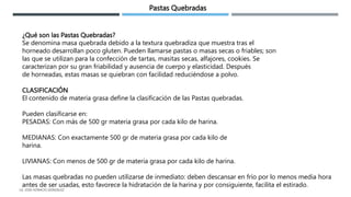 ¿Qué son las Pastas Quebradas?
Se denomina masa quebrada debido a la textura quebradiza que muestra tras el
horneado desarrollan poco gluten. Pueden llamarse pastas o masas secas o friables; son
las que se utilizan para la confección de tartas, masitas secas, alfajores, cookies. Se
caracterizan por su gran friabilidad y ausencia de cuerpo y elasticidad. Después
de horneadas, estas masas se quiebran con facilidad reduciéndose a polvo.
CLASIFICACIÓN
El contenido de materia grasa define la clasificación de las Pastas quebradas.
Pueden clasificarse en:
PESADAS: Con más de 500 gr materia grasa por cada kilo de harina.
MEDIANAS: Con exactamente 500 gr de materia grasa por cada kilo de
harina.
LIVIANAS: Con menos de 500 gr de materia grasa por cada kilo de harina.
Las masas quebradas no pueden utilizarse de inmediato: deben descansar en frío por lo menos media hora
antes de ser usadas, esto favorece la hidratación de la harina y por consiguiente, facilita el estirado.
Pastas Quebradas
LG. JOSE HORACIO GONZALEZ
 