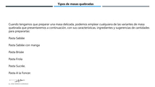 Cuando tengamos que preparar una masa delicada, podemos emplear cualquiera de las variantes de masa
quebrada que presentaremos a continuación, con sus características, ingredientes y sugerencias de cantidades
para prepararlas:
Pasta Sablée
Pasta Sablée con manga
Pasta Brisée
Pasta Frola
Pasta Sucrée.
Pasta A la Foncer.
Tipos de masas quebradas
LG. JOSE HORACIO GONZALEZ
 