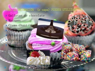    Galletas de chocolate
   Mazapán
   Crema Chantilly
   Colorantes
   Ariquipe
   Chocolate
   Chispas de Chocolate
    o de colores.
 