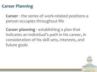 Career Planning
Career - the series of work-related positions a
person occupies throughout life
Career planning - establis...