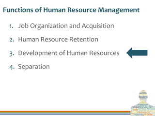 Functions of Human Resource Management
1. Job Organization and Acquisition
2. Human Resource Retention
3. Development of H...