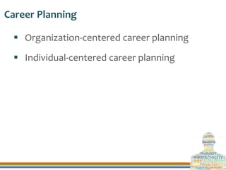 Career Planning
 Organization-centered career planning
 Individual-centered career planning
 