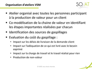  Atelier organisé avec toutes les personnes participant
à la production de valeur pour un client
 Co-modélisation de la chaine de valeur en identifiant
les étapes importantes réalisées par chacun
 Identification des sources de gaspillages
 Evaluation du coût du gaspillage :
• Impact sur les délais de livraison de la demande client
• Impact sur l’adéquation de ce qui est livré avec le besoin
exprimé
• Impact sur la charge de travail et le travail réalisé pour rien
• Production de non-valeur
Organisation d’ateliers VSM
© SOAT, tous droits réservés 10
 
