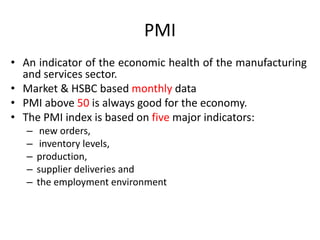 PMI
• An indicator of the economic health of the manufacturing
and services sector.
• Market & HSBC based monthly data
• PMI above 50 is always good for the economy.
• The PMI index is based on five major indicators:
– new orders,
– inventory levels,
– production,
– supplier deliveries and
– the employment environment
 