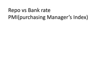 Repo vs Bank rate
PMI(purchasing Manager’s Index)
 