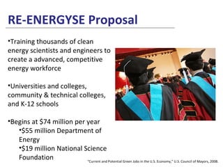 RE-ENERGYSE Proposal “ Current and Potential Green Jobs in the U.S. Economy,” U.S. Council of Mayors, 2008. Training thousands of clean energy scientists and engineers to create a advanced, competitive energy workforce  Universities and colleges, community & technical colleges, and K-12 schools Begins at $74 million per year $55 million Department of Energy $19 million National Science Foundation 
