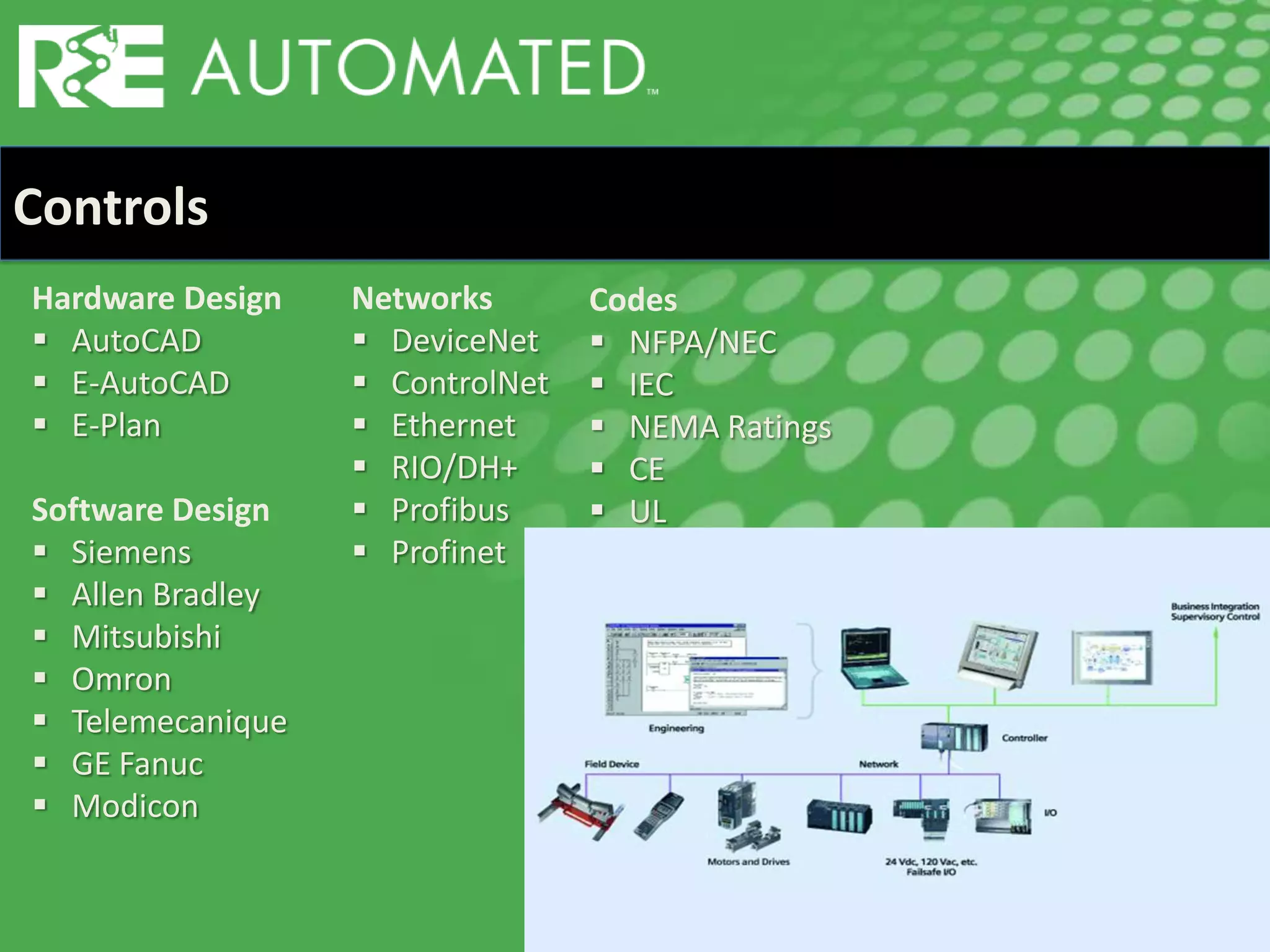 Hardware Design
 AutoCAD
 E-AutoCAD
 E-Plan
Software Design
 Siemens
 Allen Bradley
 Mitsubishi
 Omron
 Telemecanique
 GE Fanuc
 Modicon
Controls
Networks
 DeviceNet
 ControlNet
 Ethernet
 RIO/DH+
 Profibus
 Profinet
Codes
 NFPA/NEC
 IEC
 NEMA Ratings
 CE
 UL
 