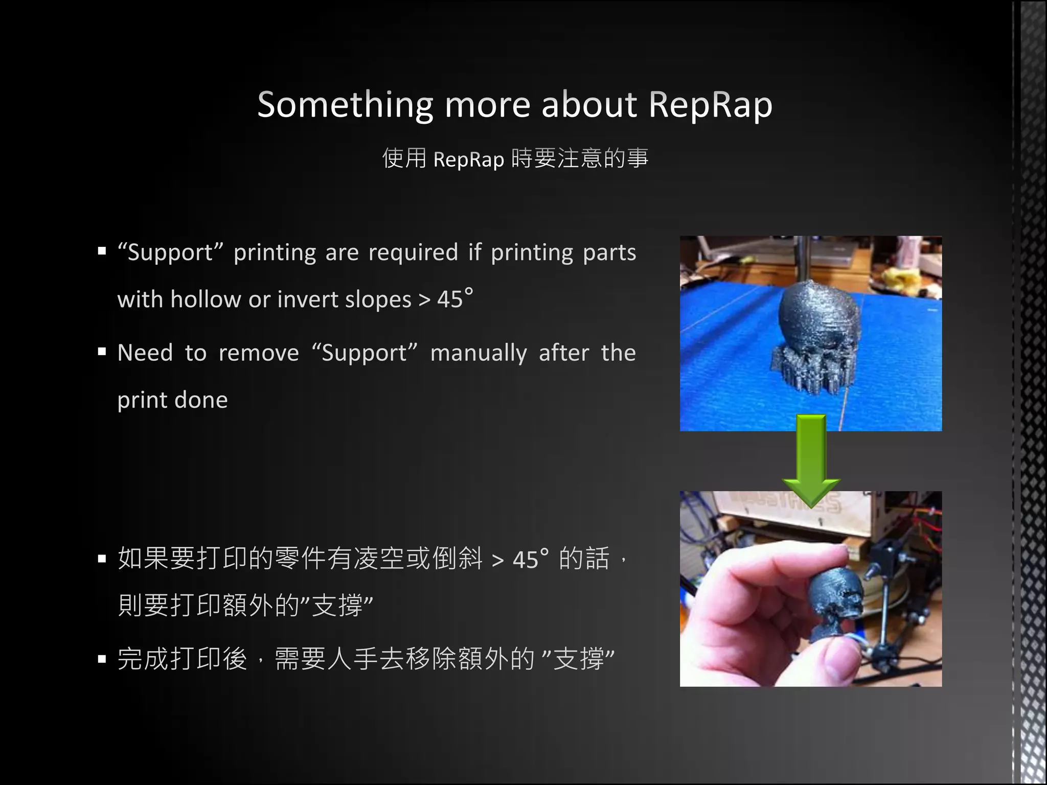  “Support” printing are required if printing parts
 with hollow or invert slopes > 45°

 Need to remove “Support” manually after the
 print done




 如果要打印的零件有凌空或倒斜 > 45° 的話，
 則要打印額外的”支撐”

 完成打印後，需要人手去移除額外的 ”支撐”
 