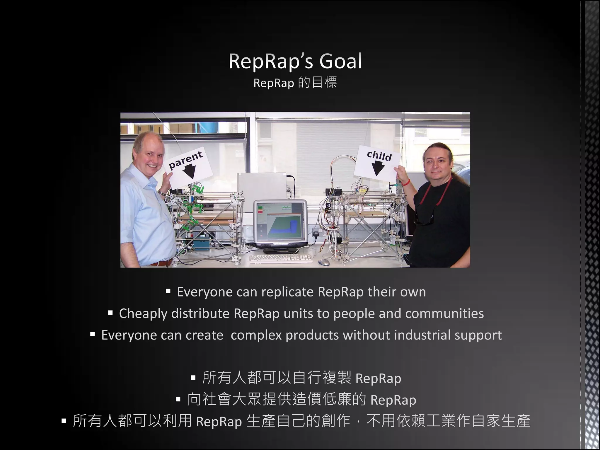  Everyone can replicate RepRap their own
      Cheaply distribute RepRap units to people and communities
   Everyone can create complex products without industrial support

            所有人都可以自行複製 RepRap
          向社會大眾提供造價低廉的 RepRap
 所有人都可以利用 RepRap 生產自己的創作，不用依賴工業作自家生產
 