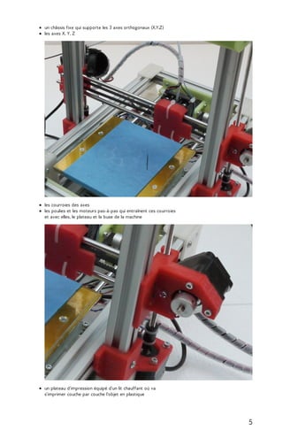 un châssis fixe qui supporte les 3 axes orthogonaux (X,Y,Z) 
les axes X, Y, Z 
les courroies des axes 
les poulies et les moteurs pas-à-pas qui entraînent ces courroies 
et avec elles, le plateau et la buse de la machine 
un plateau d'impression équipé d'un lit chauffant où va 
s'imprimer couche par couche l'objet en plastique 
5 
 