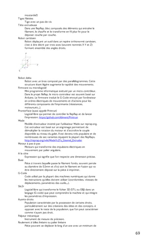 moutarde(!) 
T iges filetées 
T ige avec un pas-de-vis 
T ête extrudeuse 
Dans une RepRap, bloc composés des éléments qui entraîne le 
filament, le chauffe et le transforme en fil plus fin pour le 
déposer couche par couche. 
Robot cartésien 
Robot déplaçant un outil dans un repère orthonormé cartésien, 
c'est à dire décrit par trois axes (souvent nommés X Y et Z) 
formant ensemble des angles droits. 
x 
y 
z 
P 
x 
y 
z 
Robot delta 
Robot avec un bras composé par des parallélogrammes. Cette 
structure étant légère augmente la rapidité des mouvements. 
Firmware ou micrologiciel 
Mini programme informatique exécuté par un micro-contrôleur. 
Dans le projet ReRap, le micro-controleur est souvent basé sur 
Arduino. Le firmware traduit le G-Code envoyé par l'ordinateur 
en ordres électriques de mouvements et d'actions pour les 
différents composants de l'imprimante (résistances, 
moteurs,etc...). 
Pronterface (aussi appelé Printrun) 
Logiciel libre qui permet de contrôler la RepRap et de lancer 
l'impression. https://github.com/kliment/Printrun 
Wade 
Modèle d'extrudeur inventé par l'utilisateur Wade sur reprap.org. 
Cet extrudeur est basé sur un engrenage permettant de 
démultiplier la rotation du moteur et d’accroître le couple 
disponible au niveau du galet. Il est devenu très populaire et de 
nombreuses de ses variantes équipent la plupart des RepRaps. 
http://reprap.org/wiki/Wade%27 s_Geared_Extruder 
Moteur à pas-à-pas 
Moteurs qui transforme des impulsions électriques en 
mouvement par palier angulaire. 
A la côte 
Expression qui signifie que l'on respecte une dimension précise. 
Buse 
Pièce à travers laquelle passe la filament fondu, souvent percée 
au diamètre de 0,5mm et d'où sort le filament en fusion qui va 
être directement déposé sur la pièce à imprimer. 
G-Code 
Code utilisé par la plupart des machines numériques qui donne 
les instructions qu'elles doivent utiliser (coordonnées, vitesses de 
déplacements, paramètres des outils,...). 
Slic3r 
Logiciel libre qui transforme le fichier 3D (ST L ou OBJ) dans un 
langage (G-code) que peut comprendre la machine et qui intègre 
les paramètres d'impression. 
Ayants-droits 
Population caractérisée par la possession de certains droits, 
particulièrement sur des créations des idées et des concepts. à 
opposer avec le reste de la population, que l'on peut caractériser 
comme n'ayant pas droit. 
Palpeur mécanique 
Instrument de mesure de précision. 
Roulement à billes linéaire ou palier linéaire 
Pièce pouvant se déplacer le long d'un axe avec un minimum de 
69 
 