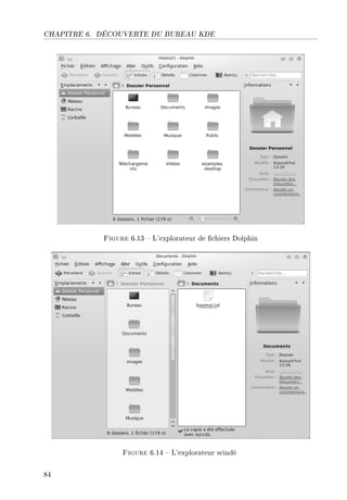 CHAPITRE 6. DÉCOUVERTE DU BUREAU KDE
Figure 6.13  L'explorateur de chiers Dolphin
Figure 6.14  L'explorateur scindé
84
 