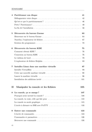 SOMMAIRE
4 Partitionner son disque 41
Défragmentez votre disque . . . . . . . . . . . . . . . . . . . . . . . . . . . . . 42
Qu'est-ce que le partitionnement? . . . . . . . . . . . . . . . . . . . . . . . . 46
Prêts ? Partitionnez ! . . . . . . . . . . . . . . . . . . . . . . . . . . . . . . . . 49
La n de l'installation . . . . . . . . . . . . . . . . . . . . . . . . . . . . . . . 56
5 Découverte du bureau Gnome 63
Bienvenue sur le bureau Gnome . . . . . . . . . . . . . . . . . . . . . . . . . . 64
Nautilus, l'explorateur de chiers . . . . . . . . . . . . . . . . . . . . . . . . . 67
Gestion des programmes . . . . . . . . . . . . . . . . . . . . . . . . . . . . . . 70
6 Découverte du bureau KDE 75
Comment obtenir KDE? . . . . . . . . . . . . . . . . . . . . . . . . . . . . . . 76
Connexion au bureau KDE . . . . . . . . . . . . . . . . . . . . . . . . . . . . 76
Le tableau de bord . . . . . . . . . . . . . . . . . . . . . . . . . . . . . . . . . 79
L'explorateur de chiers Dolphin . . . . . . . . . . . . . . . . . . . . . . . . . 83
7 Installez Linux dans une machine virtuelle 87
Installer VirtualBox . . . . . . . . . . . . . . . . . . . . . . . . . . . . . . . . 88
Créer une nouvelle machine virtuelle . . . . . . . . . . . . . . . . . . . . . . . 90
Lancer la machine virtuelle . . . . . . . . . . . . . . . . . . . . . . . . . . . . 96
Installation des additions invité . . . . . . . . . . . . . . . . . . . . . . . . . . 101
II Manipuler la console et les chiers 105
8 La console, ça se mange ? 107
Pourquoi avoir inventé la console ? . . . . . . . . . . . . . . . . . . . . . . . . 108
La console, la vraie, celle qui fait peur . . . . . . . . . . . . . . . . . . . . . . 110
La console en mode graphique . . . . . . . . . . . . . . . . . . . . . . . . . . . 115
L'accès à distance en SSH avec PuTTY . . . . . . . . . . . . . . . . . . . . . 116
9 Entrer une commande 123
L'invite de commandes . . . . . . . . . . . . . . . . . . . . . . . . . . . . . . . 124
Commandes et paramètres . . . . . . . . . . . . . . . . . . . . . . . . . . . . . 126
Retrouver une commande . . . . . . . . . . . . . . . . . . . . . . . . . . . . . 130
vi
 