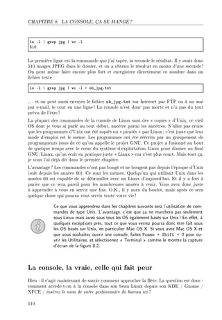 CHAPITRE 8. LA CONSOLE, ÇA SE MANGE ?
ls El | grep jpg | w™ El
SIH
La première ligne est la commande que j'ai tapée, la seconde le résultat. Il y avait donc
510 images JPEG dans le dossier, et on a obtenu le résultat en moins d'une seconde !
On peut même faire encore plus fort et enregistrer directement ce nombre dans un
chier texte :
ls El | grep jpg | w™ El b n˜•jpgFtxt
. .. et on peut aussi envoyer le chier nb_jpg.txt sur Internet par FTP ou à un ami
par e-mail, le tout en une ligne ! La console n'est donc pas morte et n'a pas du tout
prévu de l'être !
La plupart des commandes de la console de Linux sont des  copies  d'Unix, ce vieil
OS dont je vous ai parlé au tout début, ancêtre parmi les ancêtres. N'allez pas croire
que les programmes d'Unix ont été copiés ou  piratés  par Linux ; c'est juste que leur
mode d'emploi est le même. Les programmes ont été réécrits par un groupement de
programmeurs issus de ce qu'on appelle le projet GNU. Ce projet a fusionné au bout
de quelque temps avec le c÷ur du système d'exploitation Linux pour donner au nal
GNU/Linux, qu'on écrit en pratique juste  Linux  car c'est plus court. Mais tout ça,
je vous l'ai déjà dit dans le premier chapitre.
L'avantage? Les commandes n'ont pas bougé et ne bougent pas depuis l'époque d'Unix
(soit depuis les années 60). Ce sont les mêmes. Quelqu'un qui utilisait Unix dans les
années 60 est capable de se débrouiller avec un Linux d'aujourd'hui. Et il y a fort à
parier que ce sera pareil pour les nombreuses années à venir. Vous avez donc juste
à apprendre à vous en servir une fois. O.K., il y aura du boulot, mais après ce sera
quelque chose qui pourra vous servir toute votre vie!
Ce que vous apprendrez dans les chapitres suivants sera l'utilisation de com-
mandes de type Unix. L'avantage, c'est que ça ne marchera pas seulement
sous Linux mais aussi sous tous les OS également basés sur Unix! En eet, à
quelques exceptions près, tout ce que vous verrez pourra donc être fait sous
les OS basés sur Unix, en particulier Mac OS X. Si vous avez Mac OS X et
que vous souhaitez ouvrir une console, faites Pomme + Shift + U pour ou-
vrir les Utilitaires, et sélectionnez  Terminal  comme le montre la capture
d'écran de la gure 8.2.
La console, la vraie, celle qui fait peur
Bien : il s'agit maintenant de savoir comment approcher la Bête. La question est donc :
comment accède-t-on à la console dans son beau Linux depuis son KDE / Gnome /
XFCE / insérez le nom de votre gestionnaire de bureau ici ?
110
 
