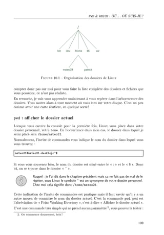 PWD  WHICH : OÙ. . . OÙ SUIS-JE ?
Figure 10.1  Organisation des dossiers de Linux
comptez donc pas sur moi pour vous faire la liste complète des dossiers et chiers que
vous possédez, ce n'est pas réaliste.
En revanche, je vais vous apprendre maintenant à vous repérer dans l'arborescence des
dossiers. Vous saurez alors à tout moment où vous êtes sur votre disque. C'est un peu
comme avoir une carte routière, en quelque sorte!
pwd : acher le dossier actuel
Lorsque vous ouvrez la console pour la première fois, Linux vous place dans votre
dossier personnel, votre home. En l'occurrence dans mon cas, le dossier dans lequel je
serai placé sera /home/mateo21.
Normalement, l'invite de commandes vous indique le nom du dossier dans lequel vous
vous trouvez :
m—teoPIdm—teoPIEdesktopX~6
Si vous vous souvenez bien, le nom du dossier est situé entre le  :  et le  $ . Donc
ici, on se trouve dans le dossier  ~ .
Rappel : je l'ai dit dans le chapitre précédent mais ça ne fait pas de mal de le
répéter, sous Linux le symbole ~ est un synonyme de votre dossier personnel.
Chez moi cela signie donc /home/mateo21.
Cette indication de l'invite de commandes est pratique mais il faut savoir qu'il y a un
autre moyen de connaître le nom du dossier actuel. C'est la commande pwd. pwd est
l'abréviation de  Print Working Directory , c'est-à-dire  Acher le dossier actuel .
C'est une commande très simple qui ne prend aucun paramètre 2, vous pouvez la tester :
2. On commence doucement, hein!
139
 