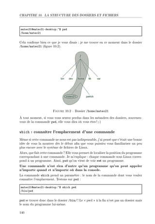 CHAPITRE 10. LA STRUCTURE DES DOSSIERS ET FICHIERS
m—teoPIdm—teoPIEdesktopX~6 pwd
GhomeGm—teoPI
Cela conrme bien ce que je vous disais : je me trouve en ce moment dans le dossier
/home/mateo21 (gure 10.2).
Figure 10.2  Dossier /home/mateo21
À tout moment, si vous vous sentez perdus dans les méandres des dossiers, souvenez-
vous de la commande pwd, elle vous dira où vous êtes! ;-)
which : connaître l'emplacement d'une commande
Même si cette commande ne nous est pas indispensable, j'ai pensé que c'était une bonne
idée de vous la montrer dès le début an que vous puissiez vous familiariser un peu
plus encore avec le système de chiers de Linux.
Alors, que fait cette commande ? Elle vous permet de localiser la position du programme
correspondant à une commande. Je m'explique : chaque commande sous Linux corres-
pond à un programme. Ainsi, pwd qu'on vient de voir est un programme.
Une commande n'est rien d'autre qu'un programme qu'on peut appeler
n'importe quand et n'importe où dans la console.
La commande which prend un paramètre : le nom de la commande dont vous voulez
connaître l'emplacement. Testons sur pwd :
m—teoPIdm—teoPIEdesktopX~6 whi™h pwd
G˜inGpwd
pwd se trouve donc dans le dossier /bin/ ! Le  pwd  à la n n'est pas un dossier mais
le nom du programme lui-même.
140
 