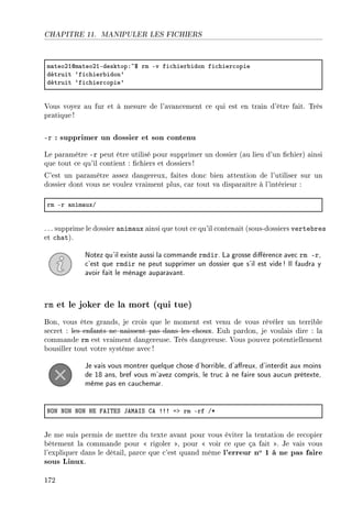 CHAPITRE 11. MANIPULER LES FICHIERS
m—teoPIdm—teoPIEdesktopX~6 rm Ev fi™hier˜idon fi™hier™opie
détruit –fi™hier˜idon9
détruit –fi™hier™opie9
Vous voyez au fur et à mesure de l'avancement ce qui est en train d'être fait. Très
pratique !
-r : supprimer un dossier et son contenu
Le paramètre -r peut être utilisé pour supprimer un dossier (au lieu d'un chier) ainsi
que tout ce qu'il contient : chiers et dossiers !
C'est un paramètre assez dangereux, faites donc bien attention de l'utiliser sur un
dossier dont vous ne voulez vraiment plus, car tout va disparaître à l'intérieur :
rm Er —nim—uxG
. .. supprime le dossier animaux ainsi que tout ce qu'il contenait (sous-dossiers vertebres
et chat).
Notez qu'il existe aussi la commande rmdir. La grosse diérence avec rm -r,
c'est que rmdir ne peut supprimer un dossier que s'il est vide! Il faudra y
avoir fait le ménage auparavant.
rm et le joker de la mort (qui tue)
Bon, vous êtes grands, je crois que le moment est venu de vous révéler un terrible
secret : les enfants ne naissent pas dans les choux. Euh pardon, je voulais dire : la
commande rm est vraiment dangereuse. Très dangereuse. Vous pouvez potentiellement
bousiller tout votre système avec !
Je vais vous montrer quelque chose d'horrible, d'areux, d'interdit aux moins
de 18 ans, bref vous m'avez compris, le truc à ne faire sous aucun prétexte,
même pas en cauchemar.
xyx xyx xyx xi pes„iƒ tewesƒ ge 333 ab rm Erf GB
Je me suis permis de mettre du texte avant pour vous éviter la tentation de recopier
bêtement la commande pour  rigoler , pour  voir ce que ça fait . Je vais vous
l'expliquer dans le détail, parce que c'est quand même l'erreur no 1 à ne pas faire
sous Linux.
172
 