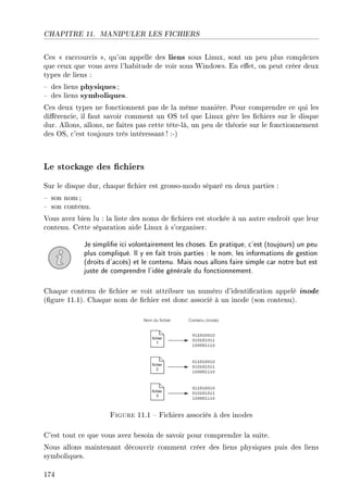CHAPITRE 11. MANIPULER LES FICHIERS
Ces  raccourcis , qu'on appelle des liens sous Linux, sont un peu plus complexes
que ceux que vous avez l'habitude de voir sous Windows. En eet, on peut créer deux
types de liens :
 des liens physiques;
 des liens symboliques.
Ces deux types ne fonctionnent pas de la même manière. Pour comprendre ce qui les
diérencie, il faut savoir comment un OS tel que Linux gère les chiers sur le disque
dur. Allons, allons, ne faites pas cette tête-là, un peu de théorie sur le fonctionnement
des OS, c'est toujours très intéressant! :-)
Le stockage des chiers
Sur le disque dur, chaque chier est grosso-modo séparé en deux parties :
 son nom ;
 son contenu.
Vous avez bien lu : la liste des noms de chiers est stockée à un autre endroit que leur
contenu. Cette séparation aide Linux à s'organiser.
Je simplie ici volontairement les choses. En pratique, c'est (toujours) un peu
plus compliqué. Il y en fait trois parties : le nom, les informations de gestion
(droits d'accès) et le contenu. Mais nous allons faire simple car notre but est
juste de comprendre l'idée générale du fonctionnement.
Chaque contenu de chier se voit attribuer un numéro d'identication appelé inode
(gure 11.1). Chaque nom de chier est donc associé à un inode (son contenu).
Figure 11.1  Fichiers associés à des inodes
C'est tout ce que vous avez besoin de savoir pour comprendre la suite.
Nous allons maintenant découvrir comment créer des liens physiques puis des liens
symboliques.
174
 