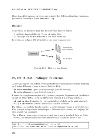 CHAPITRE 18. LES FLUX DE REDIRECTION
Grâce à ça, si j'ai un doute sur ce qui a pu se passer lors de l'exécution d'une commande,
je n'ai qu'à consulter le chier resultats.log.
Résumé
Nous venons de découvrir deux ux de redirection dans des chiers :
  : redirige dans un chier et l'écrase s'il existe déjà;
  : redirige à la n d'un chier et le crée s'il n'existe pas.
Le schéma de la gure 18.2 récapitule ce que nous venons de voir.
Figure 18.2  Flux vers des chiers
2, 2 et 21 : rediriger les erreurs
Allons un peu plus loin. Il faut savoir que toutes les commandes produisent deux ux
de données diérents, comme le montre la gure 18.3 :
 la sortie standard : pour tous les messages (sauf les erreurs) ;
 la sortie d'erreurs : pour toutes les erreurs.
Prenons un exemple concret pour voir comment ça se passe. Supposons que vous fassiez
un cat du chier notes.csv pour acher son contenu. Il y a deux possibilités :
 si tout va bien, le résultat (le contenu du chier) s'ache sur la sortie standard ;
 s'il y a une erreur, celle-ci s'ache dans la sortie d'erreurs.
Par défaut, tout s'ache dans la console : la sortie standard comme la sortie d'erreurs.
Cela explique pourquoi vous ne faisiez pas la diérence entre ces deux sorties jusqu'ici :
elles avaient l'air identiques.
Tout à l'heure, nous avons vu comment rediriger la sortie standard dans un chier.
Toutefois, les erreurs continuent d'être achées dans la console. Faites le test :
™ut Ed D Ef I fi™hier•inexist—ntF™sv b elevesFtxt
™utX fi™hier•inexist—ntF™svX eu™un fi™hier ou répertoire de ™e type
282
 