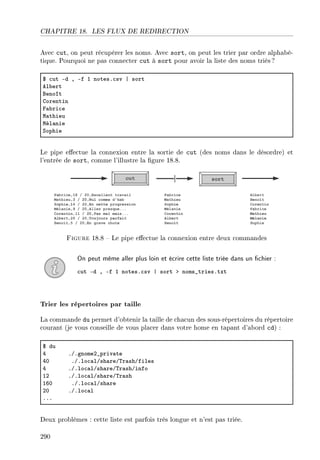 CHAPITRE 18. LES FLUX DE REDIRECTION
Avec cut, on peut récupérer les noms. Avec sort, on peut les trier par ordre alphabé-
tique. Pourquoi ne pas connecter cut à sort pour avoir la liste des noms triés?
6 ™ut Ed D Ef I notesF™sv | sort
el˜ert
fenoît
gorentin
p—˜ri™e
w—thieu
wél—nie
ƒophie
Le pipe eectue la connexion entre la sortie de cut (des noms dans le désordre) et
l'entrée de sort, comme l'illustre la gure 18.8.
Figure 18.8  Le pipe eectue la connexion entre deux commandes
On peut même aller plus loin et écrire cette liste triée dans un chier :
™ut Ed D Ef I notesF™sv | sort b noms•triesFtxt
Trier les répertoires par taille
La commande du permet d'obtenir la taille de chacun des sous-répertoires du répertoire
courant (je vous conseille de vous placer dans votre home en tapant d'abord cd) :
6 du
R FGFgnomeP•priv—te
RH FGFlo™—lGsh—reG„r—shGfiles
R FGFlo™—lGsh—reG„r—shGinfo
IP FGFlo™—lGsh—reG„r—sh
ITH FGFlo™—lGsh—re
PH FGFlo™—l
FFF
Deux problèmes : cette liste est parfois très longue et n'est pas triée.
290
 