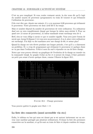 CHAPITRE 19. SURVEILLER L'ACTIVITÉ DU SYSTÈME
C'est un peu compliqué. Si vous voulez vraiment savoir, la doc nous dit qu'il s'agit
du nombre moyen de processus (programmes) en train de tourner et qui réclament
l'utilisation du processeur.
Cela veut dire que, depuis une minute, il y a en moyenne 0,33 processus qui réclament
le processeur. Votre processeur est donc actif 33 % du temps.
Mais ce nombre dépend du nombre de processeurs de votre ordinateur. Un ordinateur
dual core ne sera complètement chargé que lorsque la valeur aura atteint 2. Pour un
quad core (4 c÷urs de processeur), la valeur maximale avant surcharge sera de 4.
Bref, rien ne vous oblige à savoir ce que ce nombre signie. Vous avez juste besoin de
savoir que, lorsqu'il dépasse 1 (si vous avez un processeur), 2 ou 4, alors votre ordinateur
est surchargé. J'ai déjà vu des machines avec une charge de 60, et même plus!
Quand la charge est très élevée pendant une longue période, c'est qu'il y a clairement
un problème. Il y a trop de programmes qui réclament le processeur et quelque chose
ne va pas dans l'ordinateur. Celui-ci aura du mal à répondre en cas de forte charge.
Notez que vous pouvez obtenir un graphique de l'évolution de la charge en console via
la commande tload. Le graphe évolue au fur et à mesure du temps, il faut patienter
un petit peu avant d'avoir quelque chose, comme l'illustre la gure 19.1.
Figure 19.1  Charge processeur
Vous pouvez quitter le graphe avec Ctrl + C.
La liste des connectés (aussi accessible via who)
Enn, le tableau en bas qui nous est donné par w est surtout intéressant sur un ser-
veur (une machine partagée par plusieurs utilisateurs). Il donne la liste des personnes
connectées sur la machine, ce qu'ils sont en train de faire et depuis combien de temps.
298
 