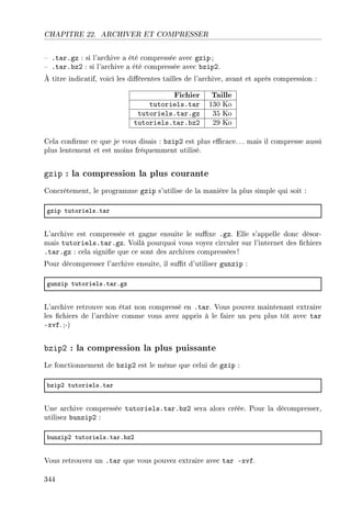 CHAPITRE 22. ARCHIVER ET COMPRESSER
 .tar.gz : si l'archive a été compressée avec gzip ;
 .tar.bz2 : si l'archive a été compressée avec bzip2.
À titre indicatif, voici les diérentes tailles de l'archive, avant et après compression :
Fichier Taille
tutoriels.tar 130 Ko
tutoriels.tar.gz 35 Ko
tutoriels.tar.bz2 29 Ko
Cela conrme ce que je vous disais : bzip2 est plus ecace. .. mais il compresse aussi
plus lentement et est moins fréquemment utilisé.
gzip : la compression la plus courante
Concrètement, le programme gzip s'utilise de la manière la plus simple qui soit :
gzip tutorielsFt—r
L'archive est compressée et gagne ensuite le suxe .gz. Elle s'appelle donc désor-
mais tutoriels.tar.gz. Voilà pourquoi vous voyez circuler sur l'internet des chiers
.tar.gz : cela signie que ce sont des archives compressées !
Pour décompresser l'archive ensuite, il sut d'utiliser gunzip :
gunzip tutorielsFt—rFgz
L'archive retrouve son état non compressé en .tar. Vous pouvez maintenant extraire
les chiers de l'archive comme vous avez appris à le faire un peu plus tôt avec tar
-xvf. ;-)
bzip2 : la compression la plus puissante
Le fonctionnement de bzip2 est le même que celui de gzip :
˜zipP tutorielsFt—r
Une archive compressée tutoriels.tar.bz2 sera alors créée. Pour la décompresser,
utilisez bunzip2 :
˜unzipP tutorielsFt—rF˜zP
Vous retrouvez un .tar que vous pouvez extraire avec tar -xvf.
344
 