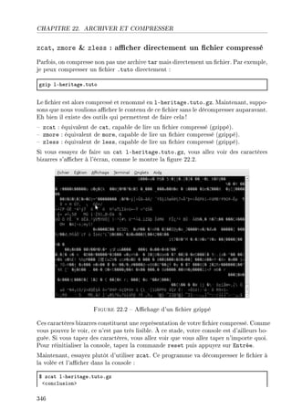CHAPITRE 22. ARCHIVER ET COMPRESSER
zcat, zmore  zless : acher directement un chier compressé
Parfois, on compresse non pas une archive tar mais directement un chier. Par exemple,
je peux compresser un chier .tuto directement :
gzip lEherit—geFtuto
Le chier est alors compressé et renommé en l-heritage.tuto.gz. Maintenant, suppo-
sons que nous voulions acher le contenu de ce chier sans le décompresser auparavant.
Eh bien il existe des outils qui permettent de faire cela !
 zcat : équivalent de cat, capable de lire un chier compressé (gzippé).
 zmore : équivalent de more, capable de lire un chier compressé (gzippé).
 zless : équivalent de less, capable de lire un chier compressé (gzippé).
Si vous essayez de faire un cat l-heritage.tuto.gz, vous allez voir des caractères
bizarres s'acher à l'écran, comme le montre la gure 22.2.
Figure 22.2  Achage d'un chier gzippé
Ces caractères bizarres constituent une représentation de votre chier compressé. Comme
vous pouvez le voir, ce n'est pas très lisible. À ce stade, votre console est d'ailleurs bo-
guée. Si vous tapez des caractères, vous allez voir que vous allez taper n'importe quoi.
Pour réinitialiser la console, tapez la commande reset puis appuyez sur Entrée.
Maintenant, essayez plutôt d'utiliser zcat. Ce programme va décompresser le chier à
la volée et l'acher dans la console :
6 z™—t lEherit—geFtutoFgz
`™on™lusionb
346
 