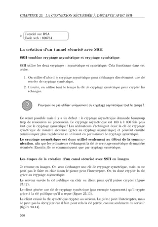 CHAPITRE 23. LA CONNEXION SÉCURISÉE À DISTANCE AVEC SSH


¨
©
Tutoriel sur RSA
Code web : 690764
La création d'un tunnel sécurisé avec SSH
SSH combine cryptage asymétrique et cryptage symétrique
SSH utilise les deux cryptages : asymétrique et symétrique. Cela fonctionne dans cet
ordre.
1. On utilise d'abord le cryptage asymétrique pour s'échanger discrètement une clé
secrète de cryptage symétrique.
2. Ensuite, on utilise tout le temps la clé de cryptage symétrique pour crypter les
échanges.
Pourquoi ne pas utiliser uniquement du cryptage asymétrique tout le temps?
Ce serait possible mais il y a un défaut : le cryptage asymétrique demande beaucoup
trop de ressources au processeur. Le cryptage asymétrique est 100 à 1 000 fois plus
lent que le cryptage symétrique ! Les ordinateurs s'échangent donc la clé de cryptage
symétrique de manière sécurisée (grâce au cryptage asymétrique) et peuvent ensuite
communiquer plus rapidement en utilisant en permanence le cryptage symétrique.
Le cryptage asymétrique est donc utilisé seulement au début de la commu-
nication, an que les ordinateurs s'échangent la clé de cryptage symétrique de manière
sécurisée. Ensuite, ils ne communiquent que par cryptage symétrique.
Les étapes de la création d'un canal sécurisé avec SSH en images
Je résume en images. On veut s'échanger une clé de cryptage symétrique, mais on ne
peut pas le faire en clair sinon le pirate peut l'intercepter. On va donc crypter la clé
grâce au cryptage asymétrique.
Le serveur envoie la clé publique en clair au client pour qu'il puisse crypter (gure
23.12).
Le client génère une clé de cryptage symétrique (par exemple topsecret) qu'il crypte
grâce à la clé publique qu'il a reçue (gure 23.13).
Le client envoie la clé symétrique cryptée au serveur. Le pirate peut l'intercepter, mais
ne peut pas la décrypter car il faut pour cela la clé privée, connue seulement du serveur
(gure 23.14).
360
 