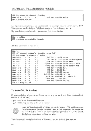 CHAPITRE 24. TRANSFÉRER DES FICHIERS
ISH rere ™omes the dire™tory listingF
drwxrwsrEx U IIUT IIUT RHWT he™ HS HWXIH de˜i—n
PPT hire™tory send yuF
Les lignes commençant par un numéro sont des messages envoyés par le serveur FTP.
Vous noterez que les chiers s'achent comme si l'on avait écrit ls -l.
Il y a seulement un répertoire, rendez-vous donc dans debian :
ftpb ™d de˜i—n
PSH hire™tory su™™essfully ™h—ngedF
Achez à nouveau le contenu :
ftpb ls
PHH €y‚„ ™omm—nd su™™essfulF gonsider using €eƒ†F
ISH rere ™omes the dire™tory listingF
ErwErwErEE I IIUT IIUT WRH y™t PU PHXPW ‚iehwi
ErwErwErEE I IIUT IIUT IPWH he™ HR PHHH ‚iehwiFghEm—nuf—™ture
ErwErwErEE I IIUT IIUT PRPT y™t PU PHXPW ‚iehwiFhtml
ErwErEErEE I IIUT IIUT IPRPVT he™ HQ IWXSP ‚iehwiFmirrorsFhtml
ErwErEErEE I IIUT IIUT TPHSW he™ HQ IWXSP ‚iehwiFmirrorsFtxt
drwxrEsrEx W IIUT IIUT RHWT xov IT IVXST dists
drwxrEsrEx Q IIUT IIUT RHWT xov II PPXIT do™
drwxrEsrEx Q IIUT IIUT RHWT he™ HS HWXHV indi™es
ErwErwErEE I IIUT IIUT RSSUIWT he™ HS HVXRW lsEl‚Fgz
ErwErEErEE I IIUT IIUT ISRWQR he™ HS HVXRW lsEl‚Fp—t™hFgz
drwxrEsrEx S IIUT IIUT RHWT xov II PPXIT pool
drwxrEsrEx R IIUT IIUT RHWT xov IV HWXHR proje™t
PPT hire™tory send yuF
Le transfert de chiers
Si vous souhaitez récupérer un chier ou en envoyer un, il y a deux commandes à
connaître (gure 24.3) :
 put : envoie un chier vers le serveur ;
 get : télécharge un chier depuis le serveur.
Notez qu'il est impossible d'utiliser put sur les serveurs FTP publics comme
celui auquel nous sommes connectés. Seul le téléchargement de chiers est
autorisé. D'autres commandes, comme celle qui permet de changer les chmod
des chiers, ne sont pas activées non plus.
Vous pouvez par exemple récupérer le chier README en écrivant get README :
392
 