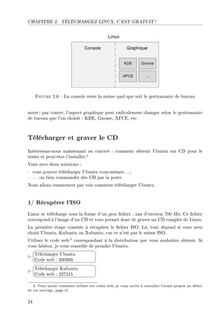 CHAPITRE 2. TÉLÉCHARGEZ LINUX, C'EST GRATUIT !
Figure 2.6  La console reste la même quel que soit le gestionnaire de bureau
autre ; par contre, l'aspect graphique peut radicalement changer selon le gestionnaire
de bureau que l'on choisit : KDE, Gnome, XFCE, etc.
Télécharger et graver le CD
Intéressons-nous maintenant au concret : comment obtenir Ubuntu sur CD pour le
tester et peut-être l'installer ?
Vous avez deux solutions :
 vous pouvez télécharger Ubuntu vous-mêmes.. .;
 . .. ou bien commander des CD par la poste.
Nous allons commencer par voir comment télécharger Ubuntu.
1/ Récupérer l'ISO
Linux se télécharge sous la forme d'un gros chier .iso d'environ 700 Mo. Ce chier
correspond à l'image d'un CD et vous permet donc de graver un CD complet de Linux.
La première étape consiste à récupérer le chier ISO. Là, tout dépend si vous avez
choisi Ubuntu, Kubuntu ou Xubuntu, car ce n'est pas le même ISO.
Utilisez le code web 3 correspondant à la distribution que vous souhaitez obtenir. Si
vous hésitez, je vous conseille de prendre Ubuntu.


¨
©
Télécharger Ubuntu
Code web : 320933


¨
©
Télécharger Kubuntu
Code web : 227215
3. Pour savoir comment utiliser ces codes web, je vous invite à consulter l'avant-propos au début
de cet ouvrage, page iii.
24
 