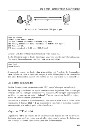 FTP  SFTP : TRANSFÉRER DES FICHIERS
Figure 24.3  Commandes FTP put et get
ftpb get ‚iehwi
lo™—lX ‚iehwi remoteX ‚iehwi
PHH €y‚„ ™omm—nd su™™essfulF gonsider using €eƒ†F
ISH ypening fsxe‚‰ mode d—t— ™onne™tion for ‚iehwi @WRH ˜ytesAF
PPT pile send yuF
WRH ˜ytes re™eived in HFHH se™s @WIVFW kfGsA
Et voilà ! Le chier se trouve maintenant sur votre ordinateur.
Il a été téléchargé dans le dossier dans lequel vous vous trouviez sur votre ordinateur.
Pour savoir dans quel dossier vous êtes chez vous, tapez !pwd :
ftpb 3pwd
GhomeGm—teoPI
Si vous voulez changer de dossier chez vous, utilisez !cd. Pour lister les chiers chez
vous, utilisez !ls. Bref, vous m'avez compris, il sut de faire précéder les commandes
d'un point d'exclamation pour qu'elles s'exécutent chez vous et non sur le serveur FTP.
Les autres commandes
Il existe de nombreuses autres commandes FTP, nous n'allons pas toutes les voir.
Tapez man ftp pour obtenir un aperçu des commandes disponibles. Vous noterez que
toutes ne sont pas identiques à celles que vous connaissez. Par exemple, pour supprimer
un chier, ce n'est pas rm mais.. . delete ! D'autres vous seront familières : mkdir
permet de créer un dossier, par exemple.
Pour quitter le serveur et vous déconnecter, vous avez le choix entre la bonne vieille
combinaison de touches Ctrl + D qui commande la fermeture de la session ou encore
les commandes bye, exit et quit, qui sont analogues.
sftp : un FTP sécurisé
Le protocole FTP a un défaut : il n'est pas sécurisé ; les données ne sont pas cryptées.
Quelqu'un ayant accès au réseau pourrait alors intercepter le contenu des chiers que
vous échangez ou encore votre mot de passe lors de la connexion.
393
 