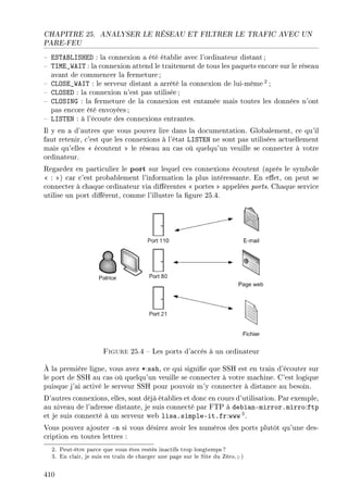 CHAPITRE 25. ANALYSER LE RÉSEAU ET FILTRER LE TRAFIC AVEC UN
PARE-FEU
 ESTABLISHED : la connexion a été établie avec l'ordinateur distant ;
 TIME_WAIT : la connexion attend le traitement de tous les paquets encore sur le réseau
avant de commencer la fermeture;
 CLOSE_WAIT : le serveur distant a arrêté la connexion de lui-même 2 ;
 CLOSED : la connexion n'est pas utilisée;
 CLOSING : la fermeture de la connexion est entamée mais toutes les données n'ont
pas encore été envoyées ;
 LISTEN : à l'écoute des connexions entrantes.
Il y en a d'autres que vous pouvez lire dans la documentation. Globalement, ce qu'il
faut retenir, c'est que les connexions à l'état LISTEN ne sont pas utilisées actuellement
mais qu'elles  écoutent  le réseau au cas où quelqu'un veuille se connecter à votre
ordinateur.
Regardez en particulier le port sur lequel ces connexions écoutent (après le symbole
 : ) car c'est probablement l'information la plus intéressante. En eet, on peut se
connecter à chaque ordinateur via diérentes  portes  appelées ports. Chaque service
utilise un port diérent, comme l'illustre la gure 25.4.
Figure 25.4  Les ports d'accès à un ordinateur
À la première ligne, vous avez *:ssh, ce qui signie que SSH est en train d'écouter sur
le port de SSH au cas où quelqu'un veuille se connecter à votre machine. C'est logique
puisque j'ai activé le serveur SSH pour pouvoir m'y connecter à distance au besoin.
D'autres connexions, elles, sont déjà établies et donc en cours d'utilisation. Par exemple,
au niveau de l'adresse distante, je suis connecté par FTP à debian-mirror.mirro:ftp
et je suis connecté à un serveur web lisa.simple-it.fr:www 3.
Vous pouvez ajouter -n si vous désirez avoir les numéros des ports plutôt qu'une des-
cription en toutes lettres :
2. Peut-être parce que vous êtes restés inactifs trop longtemps?
3. En clair, je suis en train de charger une page sur le Site du Zéro. ;-)
410
 