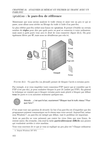 CHAPITRE 25. ANALYSER LE RÉSEAU ET FILTRER LE TRAFIC AVEC UN
PARE-FEU
iptables : le pare-feu de référence
Maintenant que nous savons analyser le trac réseau et ainsi voir un peu ce qui se
passe, nous allons nous atteler au ltrage du trac à l'aide d'un pare-feu.
Le plus célèbre pare-feu utilisé sous Linux est iptables. Il permet d'établir un certain
nombre de règles pour dire par quels ports on peut se connecter à votre ordinateur,
mais aussi à quels ports vous avez le droit de vous connecter (gure 25.5). On peut
également ltrer par IP, mais nous ne détaillerons pas cela ici.
Figure 25.5  Un pare-feu (ou rewall) permet de bloquer l'accès à certains ports
Par exemple, si je veux empêcher toute connexion FTP (parce que je considère que le
FTP n'est pas sûr), je peux souhaiter bloquer le port 21 (utilisé par FTP). En général
la technique ne consiste pas à bloquer certains ports mais plutôt à bloquer par défaut
tous les ports et à en autoriser seulement quelques-uns.
Attends... c'est quoi le but, exactement? Bloquer tout le trac réseau? Pour
quoi faire?
C'est avant tout une question de sécurité. Le but d'un pare-feu est d'empêcher que des
programmes puissent communiquer sur le réseau sans votre accord. Aujourd'hui, même
sous Windows4, un pare-feu est intégré par défaut, tant le problème est important.
Avoir un pare-feu ne vous prémunit pas contre les virus (bien que sous Linux, ils
restent rares). En revanche, cela rend la tâche particulièrement dicile aux pirates
qui voudraient accéder à votre machine.
Vous vous souvenez de ce que je vous ai expliqué un peu plus tôt ? Chaque ordinateur
4. Depuis Windows XP SP2
412
 