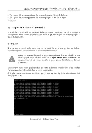 OPÉRATIONS STANDARD (COPIER, COLLER, ANNULER. . .)
 En tapant d0, vous supprimez du curseur jusqu'au début de la ligne.
 En tapant d$, vous supprimez du curseur jusqu'à la n de la ligne.
Pratique !
yy : copier une ligne en mémoire
yy copie la ligne actuelle en mémoire. Cela fonctionne comme dd, qui lui la  coupe .
Vous pouvez aussi utiliser yw pour copier un mot, y$ pour copier du curseur jusqu'à la
n de la ligne, etc.
p : coller
Si vous avez  coupé  du texte avec dd ou copié du texte avec yy (ou un de leurs
équivalents) vous pouvez ensuite le coller avec la touche p.
Attention, retenez bien ceci : si vous avez copié une ligne en mémoire et que
vous appuyez sur p, elle sera collée sur la ligne située après le curseur. On
est parfois surpris de voir où se colle le texte; prenez donc le temps de vous
y habituer.
Vous pouvez aussi coller plusieurs fois un texte en faisant précéder le p d'un nombre.
Par exemple, 8p collera huit fois le texte en mémoire.
Si je place mon curseur sur une ligne, que je tape yy puis 8p, je la collerai donc huit
fois (gure 27.8) !
Figure 27.8  Collage dans Vim
443
 