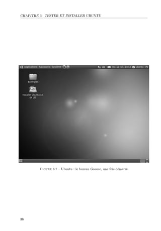 CHAPITRE 3. TESTER ET INSTALLER UBUNTU
Figure 3.7  Ubuntu : le bureau Gnome, une fois démarré
36
 