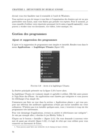 CHAPITRE 5. DÉCOUVERTE DU BUREAU GNOME
devrait vous être familière tant il ressemble à l'outil de Windows.
Vous mettrez un peu de temps à vous faire à l'organisation des dossiers qui est un peu
particulière sous Linux, mais vous nirez par prendre vos repères. Pour le moment, je
vous conseille d'utiliser votre répertoire personnel (ici le mien s'appelle mateo21) ; vous
pouvez y stocker tous vos documents, vos vidéos, votre musique, etc.
Gestion des programmes
Ajout et suppression des programmes
L'ajout et la suppression de programmes sont simples et intuitifs. Rendez-vous dans le
menu Applications → Logithèque Ubuntu (gure 5.9).
Figure 5.9  Accès à la logithèque Ubuntu
La fenêtre principale présentée sur la gure 5.10 s'ouvre alors.
La logithèque Ubuntu est vraiment simple et agréable à utiliser. Elle fait assez penser
à l'App Store des iPhone : les applications sont classées par catégories et vous pouvez
les télécharger d'un simple clic.
Commencez par faire un tour dans la section  Applications phares  qui vous pro-
pose une sélection des meilleures applications n'étant pas encore installées sur votre
ordinateur. N'hésitez pas à en installer quelques-unes, vous y trouverez à coup sûr des
programmes très intéressants.
Pour voir davantage d'applications, revenez en arrière et sélectionnez une catégorie1.
Je vais par exemple aller y chercher le jeu Blobby Volley 2.
Cliquez sur le bouton  Installer  (gure 5.11). On vous demande à nouveau votre
mot de passe par sécurité (gure 5.12) ; il s'agit de celui que vous utilisez pour vous
connecter au lancement de Linux.
1. Vous pouvez aussi faire une recherche via le champ en haut à droite.
70
 
