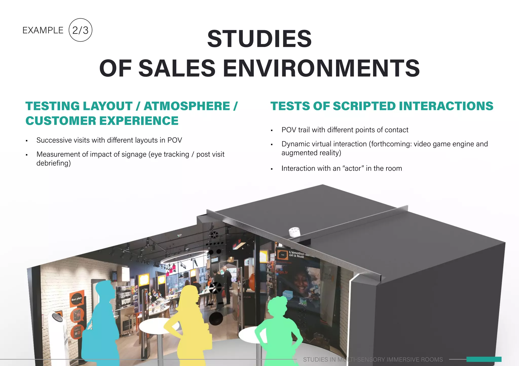 TESTING LAYOUT / ATMOSPHERE /
CUSTOMER EXPERIENCE
•	 Successive visits with different layouts in POV
•	 Measurement of impact of signage (eye tracking / post visit
debriefing)
TESTS OF SCRIPTED INTERACTIONS
•	 POV trail with different points of contact
•	 Dynamic virtual interaction (forthcoming: video game engine and
augmented reality)
•	 Interaction with an “actor” in the room
STUDIES
OF SALES ENVIRONMENTS
2/3EXAMPLE
STUDIES IN MULTI-SENSORY IMMERSIVE ROOMS
 