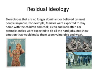 Residual Ideology
Stereotypes that are no longer dominant or believed by most
people anymore. For example, females were expected to stay
home with the children and cook, clean and look after. For
example, males were expected to do all the hard jobs, not show
emotion that would make them seem vulnerable and weak.
 