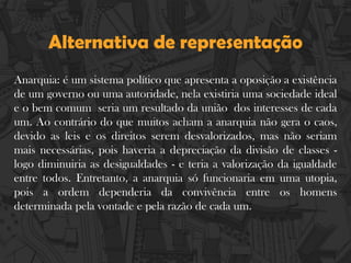 Alternativa de representação
Anarquia: é um sistema político que apresenta a oposição a existência
de um governo ou uma autoridade, nela existiria uma sociedade ideal
e o bem comum seria um resultado da união dos interesses de cada
um. Ao contrário do que muitos acham a anarquia não gera o caos,
devido as leis e os direitos serem desvalorizados, mas não seriam
mais necessárias, pois haveria a depreciação da divisão de classes -
logo diminuiria as desigualdades - e teria a valorização da igualdade
entre todos. Entretanto, a anarquia só funcionaria em uma utopia,
pois a ordem dependeria da convivência entre os homens
determinada pela vontade e pela razão de cada um.
 